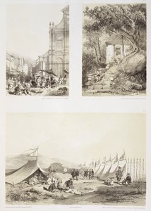 En portugisisk kirke og en kinesisk gade i Macao, et gammelt tempel nær barrieren i Macao og en kinesisk lejr og muren, der adskiller øen fra halvøen Macao, tavle 14, 15 og 16 fra